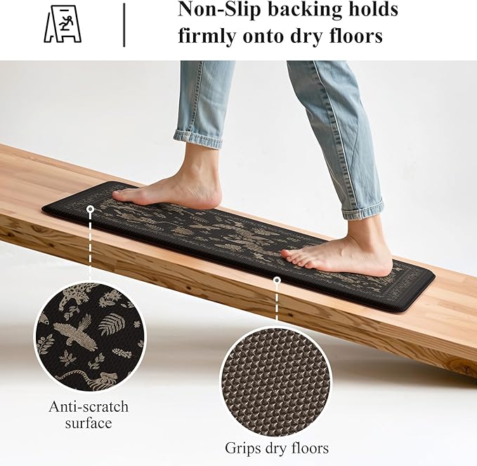 LEEVAN Cushioned Kitchen Mats for Floor 2 Piece, Anti Fatigue Mats for Kitchen Floor Non-Slip, Black Memory Foam Kitchen Mat Set, Waterproof Ergonomic Standing Mat for Bar, Office,Desk, Laundry