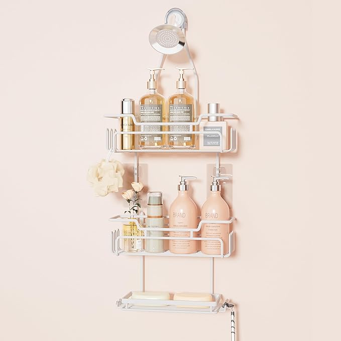SWTYMIKI Bathroom Shower Caddy Hanging - 3 Tier Rustproof Over Shower Head Organizer, No Drilling Bathroom Shelf with 16 Hooks & Soap Holder, Anti-Swing Rack for Shampoo,Sponge,Towel, White, Medium