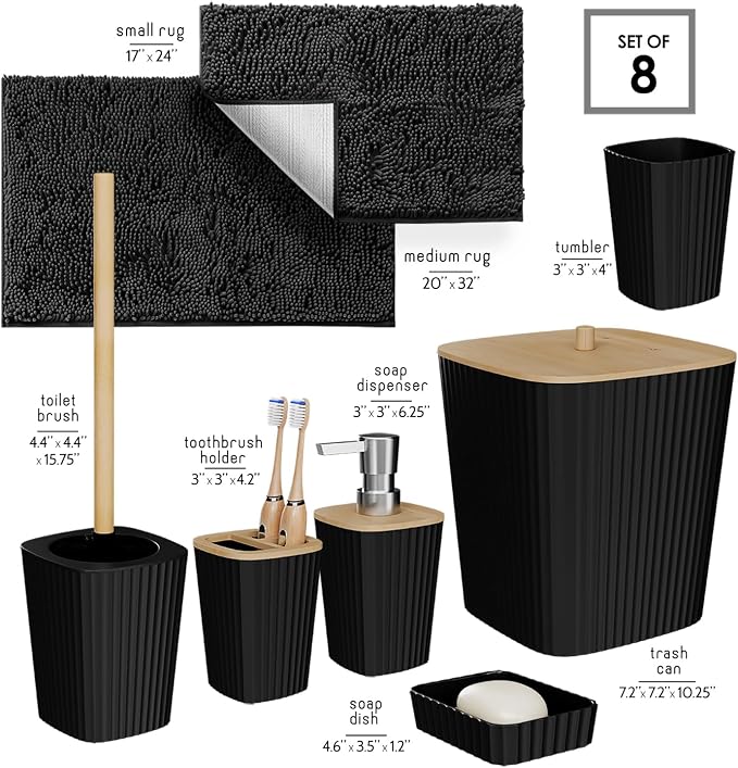Clara Clark Bathroom Set - Black Bathroom Accessories Set, 6PC Bathroom Accessory Set, Bathroom Sets with Bathroom Rugs, Toilet Brush, Trash Can & Soap Dispenser
