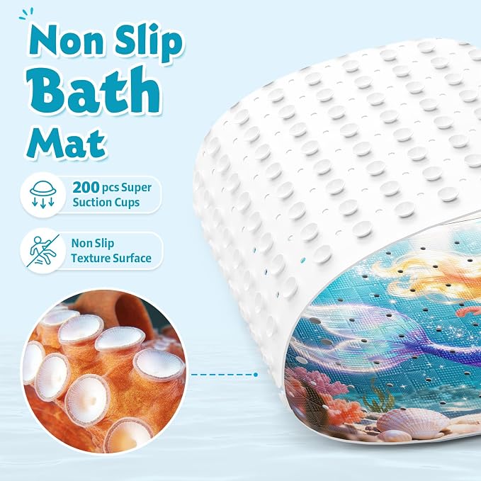 XIYUNTE Baby Bath Mat for Tub Non Slip Kids, BPA Free Extra Long Bathtub Mat 40x16 with Drain Holes and 200 Suction Cups, Non Toxic Machine Washable Toddler Bath Mat, Eco-Friendly Certified
