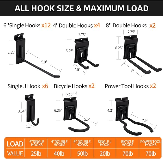 Slat Wall Accessories 28 PCS Garage Hooks Heavy Duty Slatwall Panel Hook Locking Bike Hook for Slat Wall Hooks for Hanging Ladder Storage System Black Accessory for Power Tools Organizer