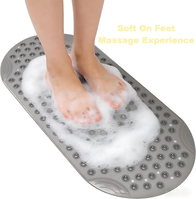 Anti Slip Bathtub Mat,Non Slip Bath Mat,16x35 Inch Extra Long Tub Mat,Machine Washable Bathroom Shower Mat with Suction Cups and Drainage Holes,Soft on Feet (Grey)