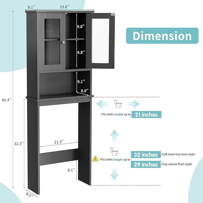 Shintenchi Over the Toilet Storage Cabinet, Bathroom Shelf Organizer with Anti-Tip Device Small Freestanding Space Saver with Adjustable Shelf and Glass Door, Gray