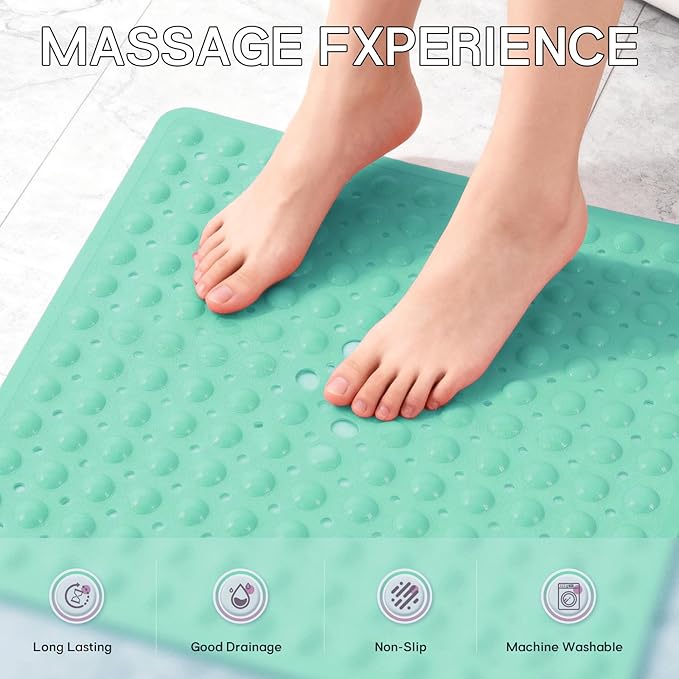 Anti-Slip Bathtub Shower mat, 21×21（ 53×53cm） inch Soft Oversized Machine Washable Non-Slip Bathtub mat with Drainage Holes, Bathroom Floor Suction Cup.（1-Turquoise Green）