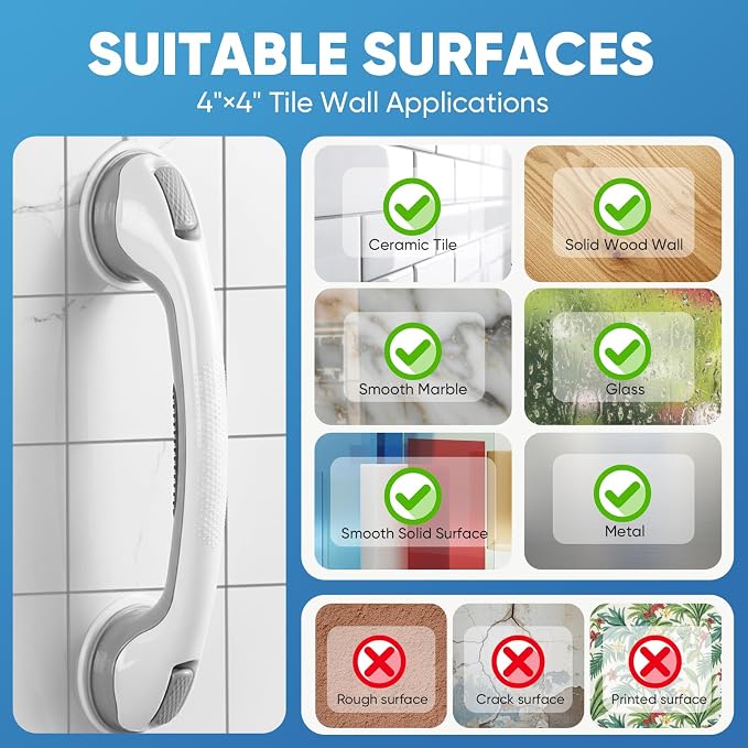 Shower Grab Bars for Bathtubs and Bathrooms, 2025 Upgraded 16 Inch 2 Pack Safety Handle with Strong Suction & Anti-Slip Grip, Removable Shower Handles for Seniors, Elderly, Handicap – Gray