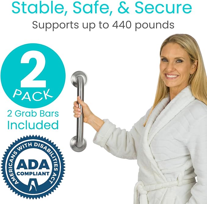 Vive Bathroom Grab Bars for Seniors (2 Pack, 16") - ADA Suction Cup Shower Grab Bars for Elderly & Disabled Adults, Bathtub Safety Handles, Handicap Bath Support Rails, Tub Side & Wall Bar