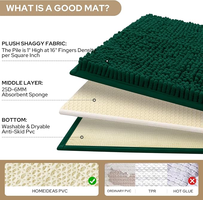 HOMEIDEAS 3 Pieces Bathroom Rugs, Ultra Soft Non Slip Absorbent Chenille Toilet Bath Mat Set (Dark Green)