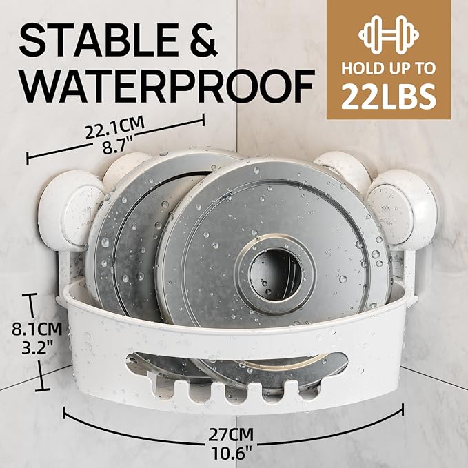 LEVERLOC Corner Shower Caddy Suction Cup, Shower Caddy Basket Powerful Suction Bathroom, Waterproof & Rustproof Organizer for Bathroom Storage, No-Drilling Removable (White)
