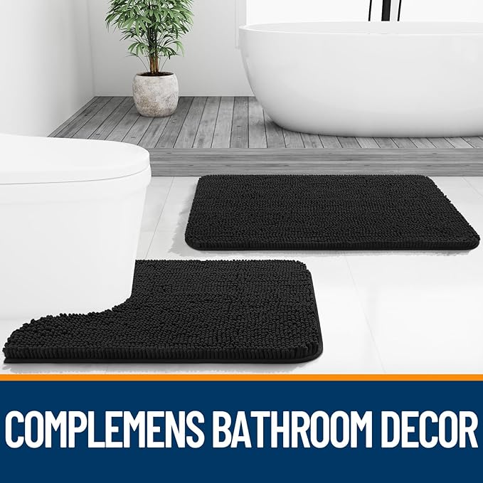 OLANLY Bathroom Runner Rugs 47x24, Extra Soft Absorbent Chenille Bath Rugs, Rubber Backing Quick Dry, Machine Washable Long Bath Mats for Bathroom Floor, Tub and Shower, Home Decor Accessories, Black