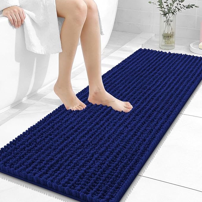 OLANLY Long Bathroom Rugs Runner 47x17, Thick Soft and Absorbent Chenille Bath Mat, Non-Slip, Machine Washable Quick Dry Bath Rugs for Tub Shower Floor, Home Decor Accessories, Navy Blue
