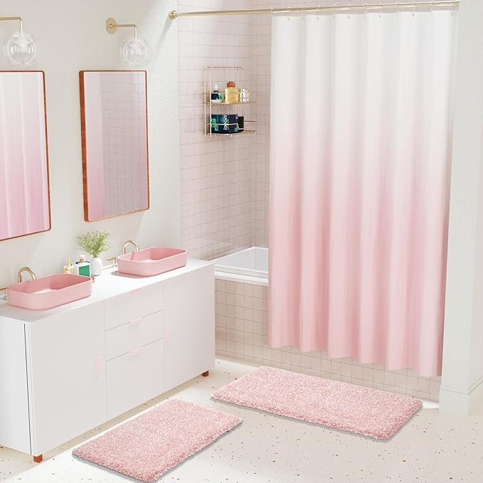 Yimobra Luxury Bathroom Rugs, Fluffy Bath Mats, Non Slip, Water Absorbent Microfiber, Machine Washable, Plush Carpet Shower Rugs, Thick Matts for Bathroom Floor&Tub, 44" X 24", Light Pink and White