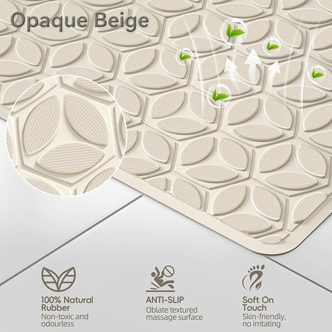 Bathtub Mat Non Slip with Suction Cups - 100% Rubber Bathroom Mat Textured for Bath Tub Shower Safety - Soft on Touch - BPA/PVC Free - Pet Dog Bath Mat - Machine Washable - 16 × 28 Inch（Beige）