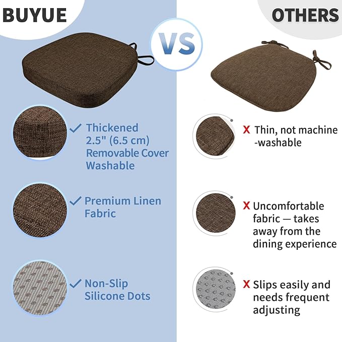BUYUE Thickened 2.5" Dining Chair Cushions Set of 4, U-Shape High Density Foam Comfortable Chair Pads for Kitchen, Slip Resistant Indoor Seat Cushions (4 PCS, Chocolate)