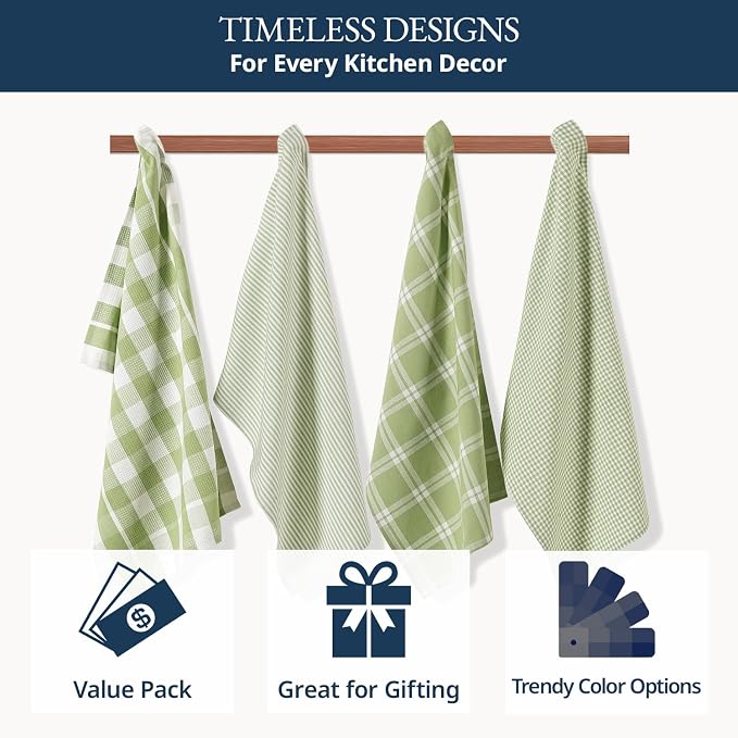 LANE LINEN Cotton Kitchen Towels Set, 4-Pack – Absorbent, Quick-Drying Dish Towels, 18" x 28" - Sage Green