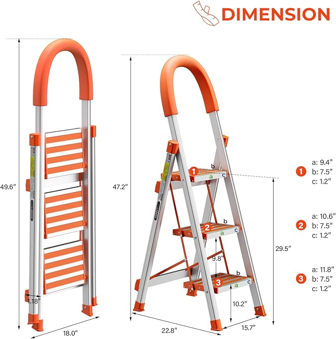 LUISLADDERS 3 Step Stool, Foldable Lightweight Step Ladder, Aluminum Anti-Slip with Rubber Hand Grip, 350lbs Capacity, Home and Kitchen Anti-Slip Stepladders