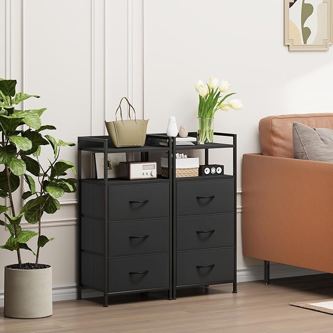 Somdot Nightstand with 3 Drawers, Dresser with Fabric Bins for Bedroom, Hallway, Entryway, Night Stand Bedside Table Furniture, Sturdy Steel Frame, Wooden Top, Easy Pull Fabric Bins, Black