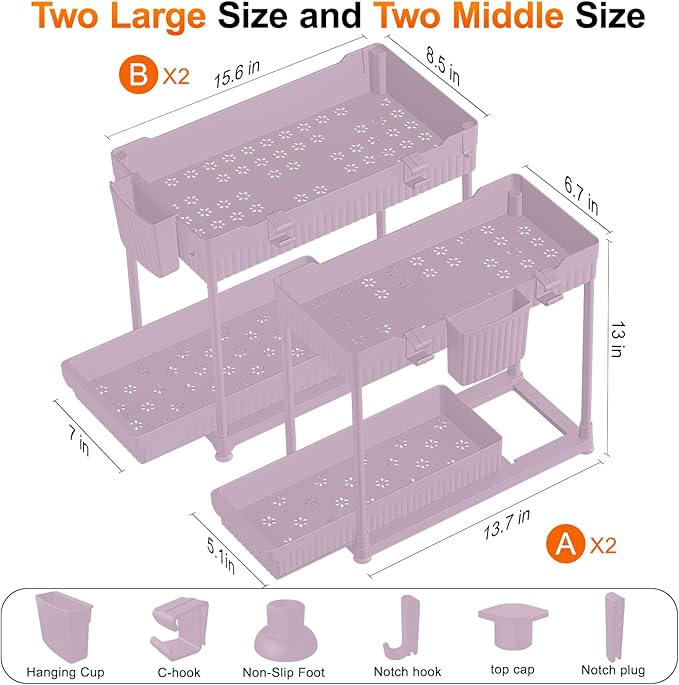 Sevenblue Under Sink Organizer, Bathroom Organizers and Storage, 2 Tier Multi-Use Pull Out Cabinet Organizer with Hang Hooks and Cups (Pink, 4 Pack)
