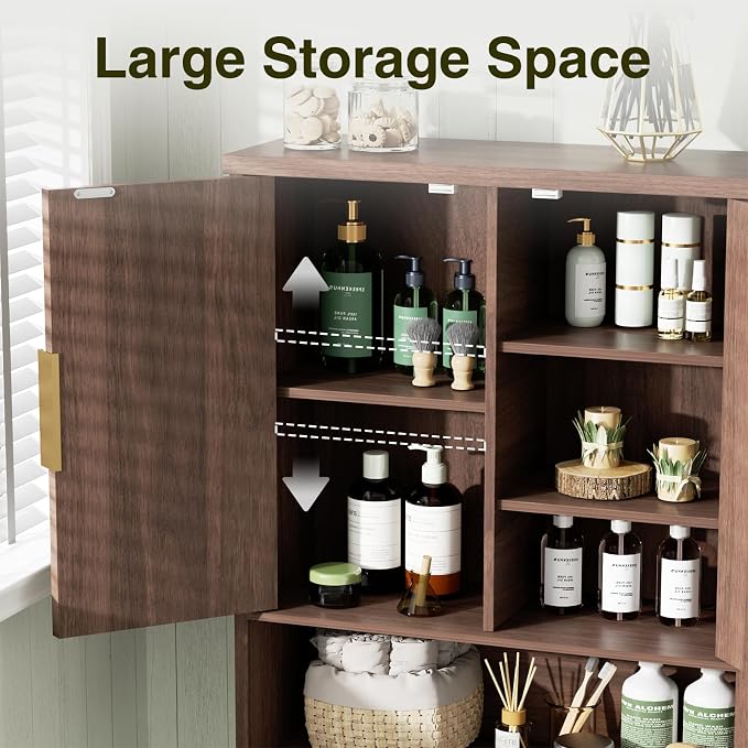 FiveWillowise Over The Toilet Storage Cabinet with Fluted Doors and Adjustable Shelf, Tall Bathroom Organizer with Metal Stand Space Saver Over Toilet, Wood Rack for Bathroom, Restroom, Laundry