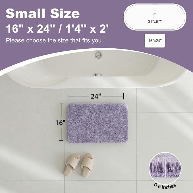 TYUU Bathroom Rugs Non Slip Washable, Ultra Soft Super Absorbent Quick Dry Small Bath Mat with Rubber Backing for Bathroom Floor, Shower, or Sink, Lavender 16" x 24"