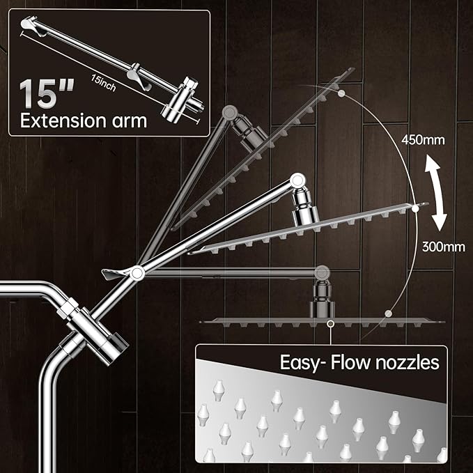 Veken All Metal 12" Large Shower Head with Handheld, Full Body Coverage，Luxurious Square Double Large Rain Shower Heads,Power Wash Wand, Dual Big Detachable Rainfall Showerhead with Spray Combo,Chrome