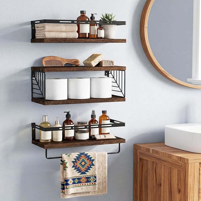 Fixwal Wall Mounted Bathroom Shelves Over Toilet, Rustic Wood Floating Shelves with Metal Frame and Towel Bar for Bathroom, Kitchen, Bedroom, Living Room (3 Plus 1 Dark Brown)