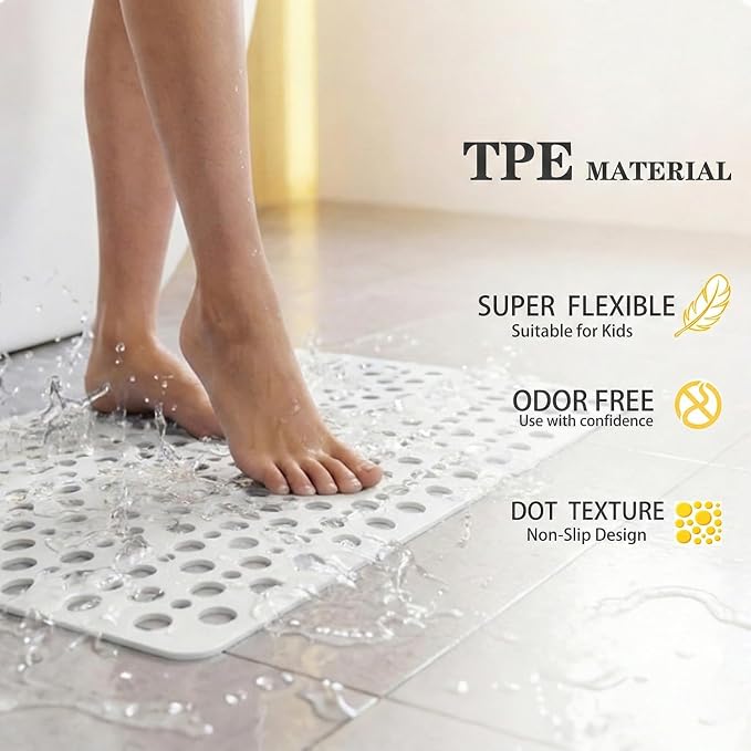 Nonslip Bath Tub Shower Mat with Suction Cups, Extra Soft TPE Bath Mat for Kids, Bathtub Bathroom Mats, Machine Washable, Smooth/Non-Textured Tubs Only, 30L x 17W Inch(White)