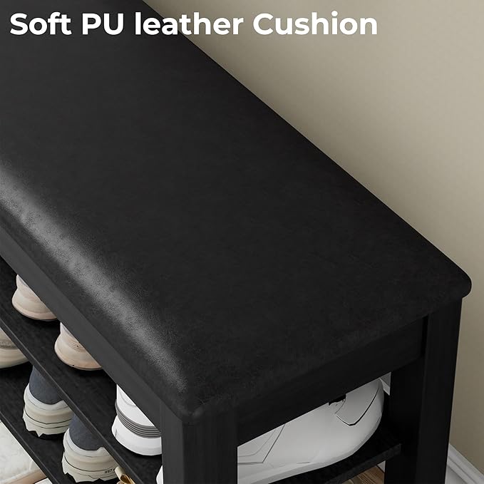 Homleke Shoe Rack Bench with Flip-Top Storage, Solid Wood Entryway Bench with Cushion, Adjustable Shelf, for Hallway, Mudroom, Closet – Black, 39.4"