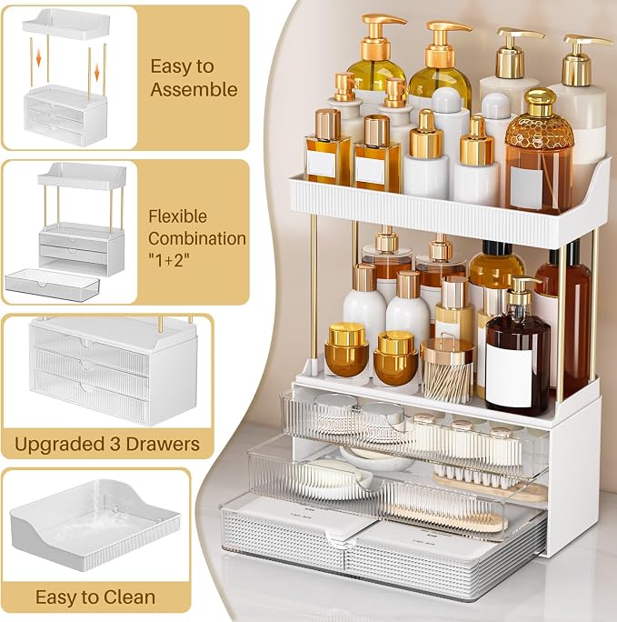 caktraie 2 Pack Bathroom Counter Organizer - 3 Drawers Makeup Organizer, Cosmetic Storage Drawer for Dresser Countertop and Bathroom Vanity for Large Skincare, Perfume, Clear