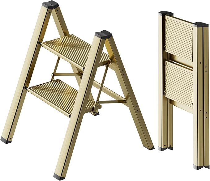SOLADDER 2 Step Ladder, Anti-Slip and Lightweight Foldable Step Stool for Adults to Use in Kitchen, Closet and Library, 300lbs(Brown Gold)