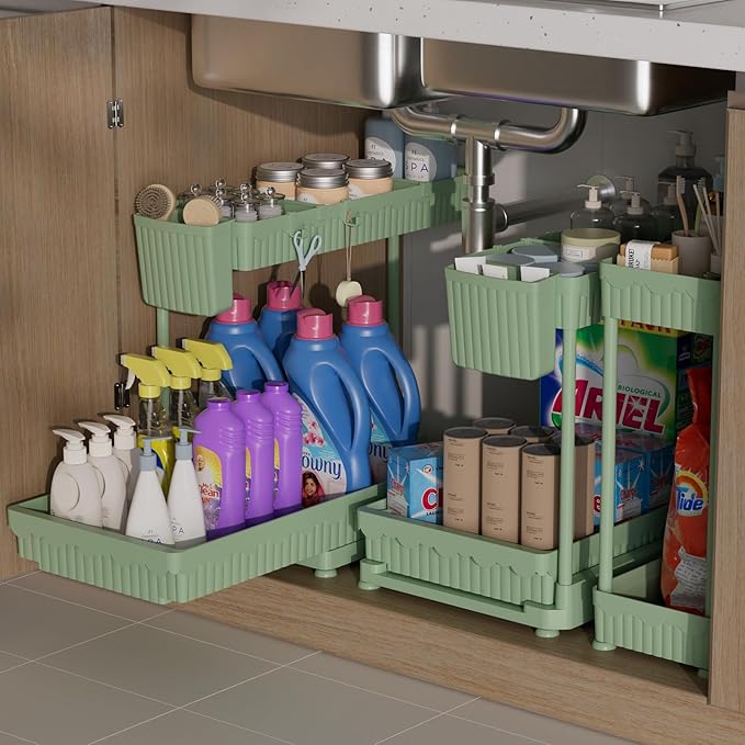 Sevenblue 3 Pack Multi-Purpose Pull-Out Storage Organizers, 2-Tier L-Shaped Under Sink/Cabinet Organizers and Storage for Bathroom & Kitchen,Green,12.85 Inch