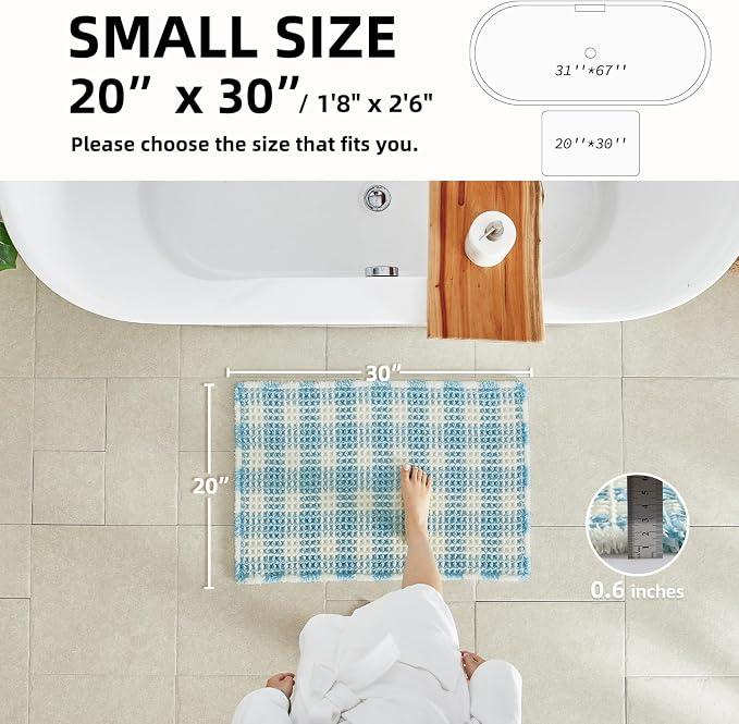 TYUU Waffle Bath Mat, Boho Bathroom Rugs Non Slip Washable Absorbent Checkered Bathroom Mat Quick Dry Cute Bath Mat, 30"x20" Blue and White