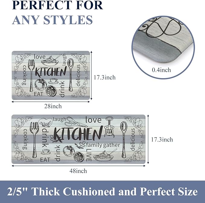 HEBE Kitchen Rugs Set of 2, Cushioned Anti Fatigue Kitchen Mats for Floor, Non Slip Waterproof Comfort Standing Desk Mat Carpet for Sink, Stove, Laundry Room