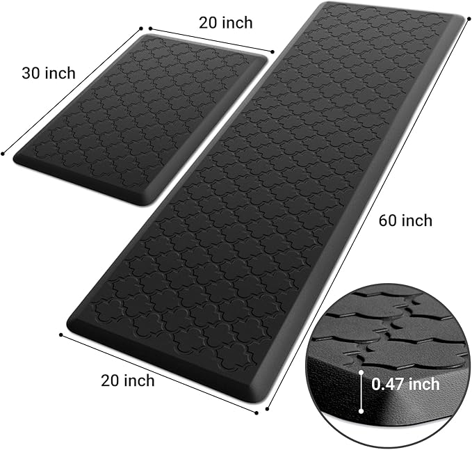 Kitchen Mat [2 PCS] Cushioned Anti-Fatigue Floor Mat Water Resistant Non-Skid Kitchen Mats and Rugs Ergonomic Comfort Foam Kitchen Rugs Standing Mat for Floor Office Sink (Black,20"x30"+20"x60")