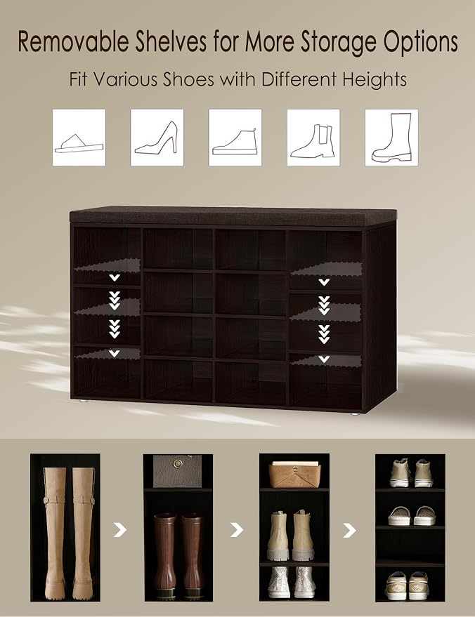 DINZI LVJ Shoe Storage Bench with Cushion, 14-Cubby Shoe Rack, Adjustable Shelves, Multifunctional Shoe Organizer Bench for Entryway, Mudroom, Hallway, Living Room, Bedroom and Garage, Espresso