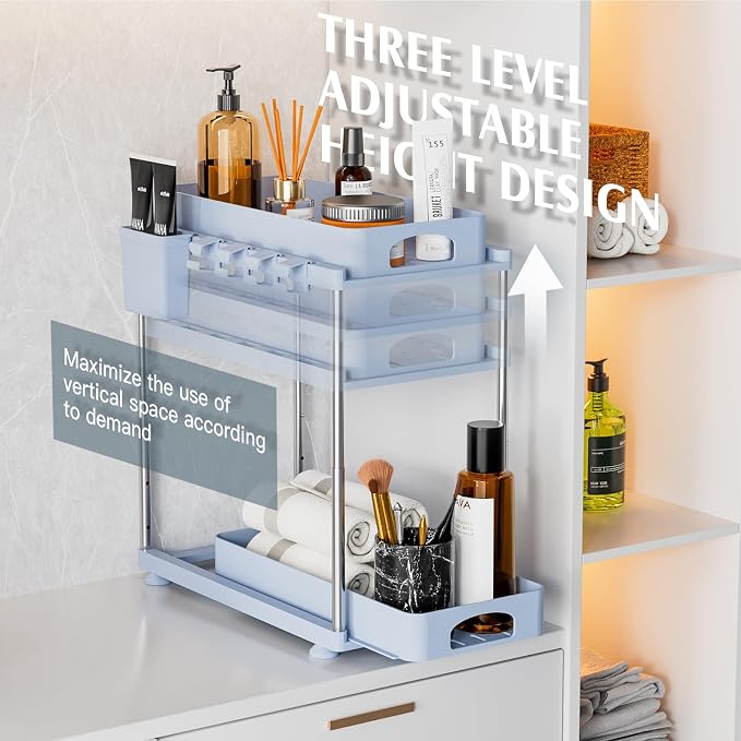 VERIFOST Under Sink Organizer (2 Pack), 2 Tier Under Sink Organizer, Adjustable Height Cabinet Organizer and Storage, in Blue