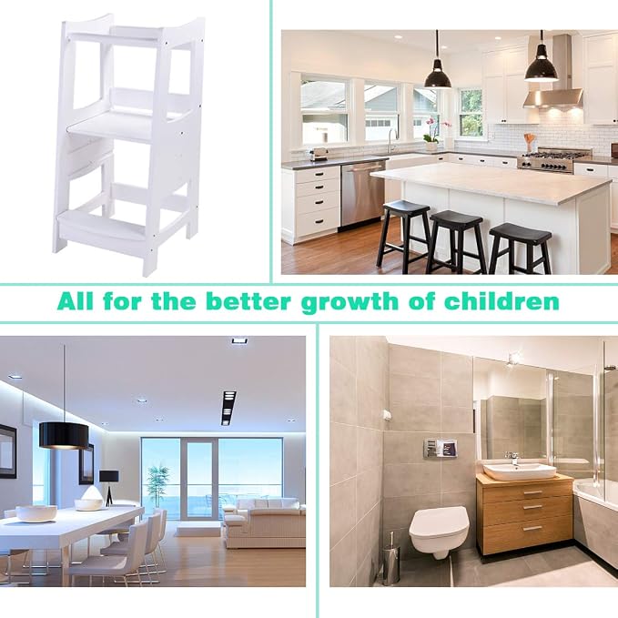 EGREE Toddlers Kitchen Step Stool with Safety Rail Kids Wooden Standing Tower for Kitchen Counter and Bathroom Sink, 3 Heights Adjustable Step Up Stool Mothers' Helper, Solid Wood Construction, White