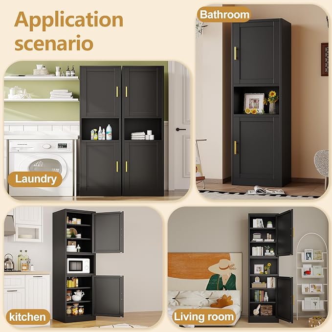 67" H Metal Tall Narrow Storage Cabinet, Freestanding Floor Cabinet with 2 Doors and Adjustable Shelves, Pantry Storage Cabinets for Bathroom, Living Room, Entryway and Kitchen (Black)