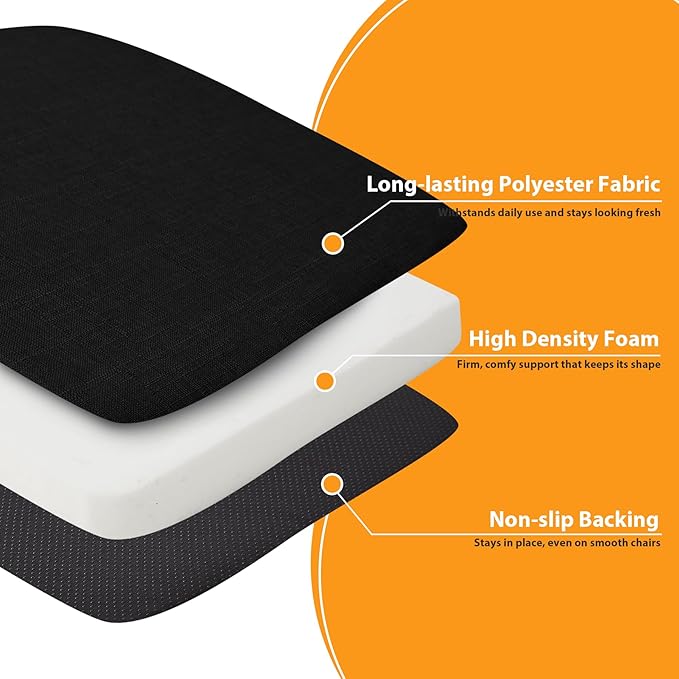 Ruqmuis Chair Cushions for Dining Chairs, 2" Thick Seat Cushions for Kitchen Chairs, D-Shaped Chair Pads with Washable Cover, Ties and Non Slip Backing, 17'' x 16'', Set of 6, Black