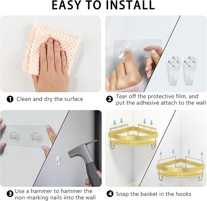 Corner Shower Shelves, 2-Tier Gold Shower Candy with 4 Hooks, Stainless Steel Bathroom Shower Organizers, Wall Mounted Caddy Shelves No Drilling with Adhesive, Triangle Storage Shelf for Toilet