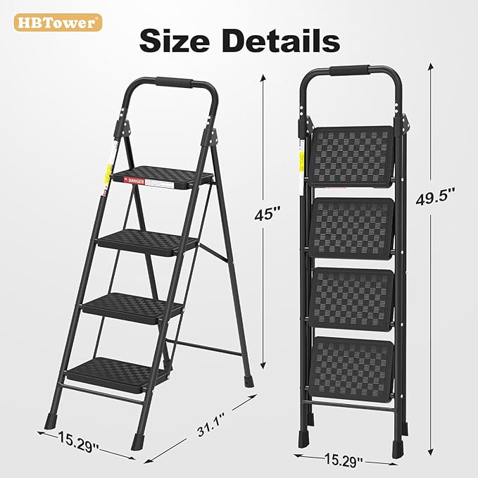 HBTower Step Ladder, 4 Step Ladder for Adults with Wide Anti-Slip Pedal, Step Stool Foldable with Cushioned Handle, 330 Capacity for Home and Kitchen, Black