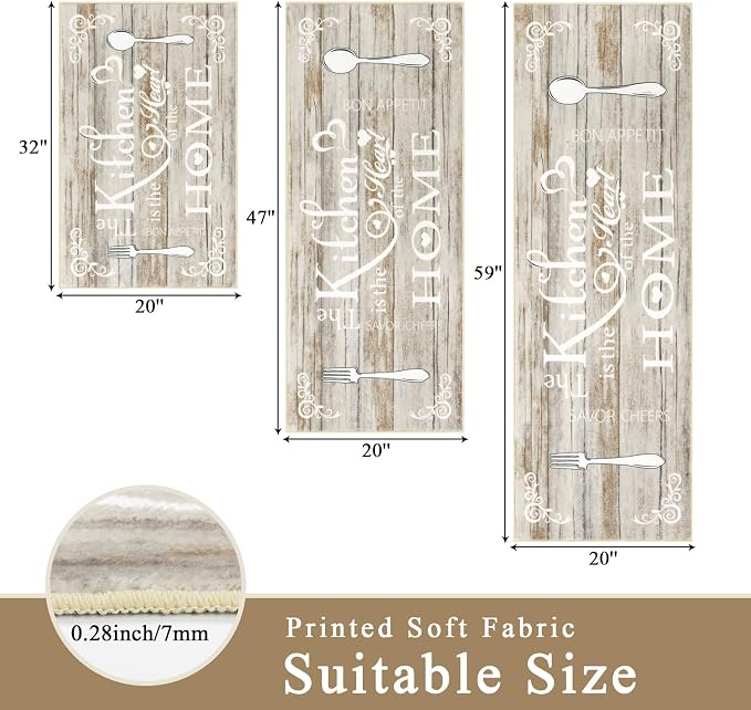 Vaukki Boho Kitchen Rug Sets 3 Pieces, Washable Kitchen Mats for Floor, Non Slip Soft Kitchen Area Rug Floor Mat for Kitchen, Laundry Room and Hallway (Light Brown, 20''x32''+20''x47''+20''x59'')