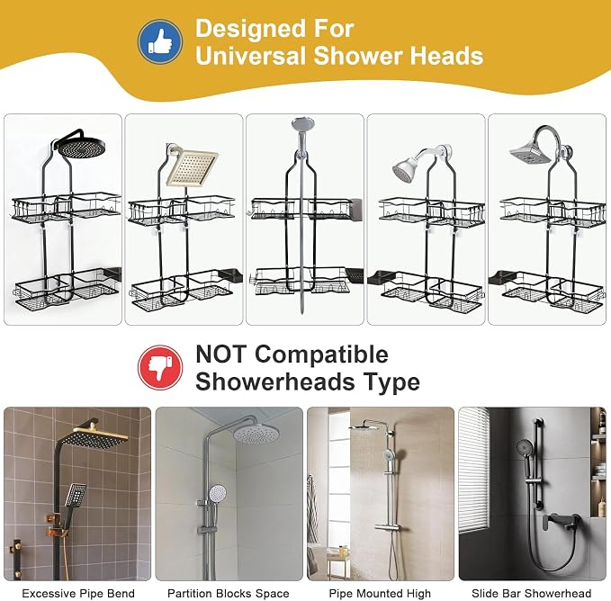 Shower Caddy Hanging Organizer, Rustproof Over Shower Head Caddy Holder with Hooks for Razor/Sponge, No Drilling Bathroom Racks Bath Storage Shelves for Shampoo Soap Towels, Black