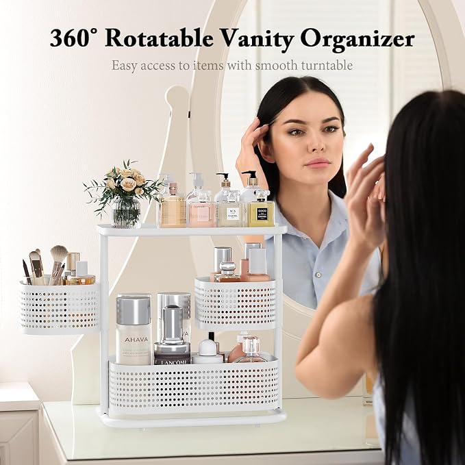 3-Tier Rotating Bathroom Counter Organizer, Vanity Tray for Makeup & Skincare, Countertop Spice Rack Storage, Space-Saving Shelf for Bathroom, Kitchen, Laundry Room, Baby Bottle Station, White