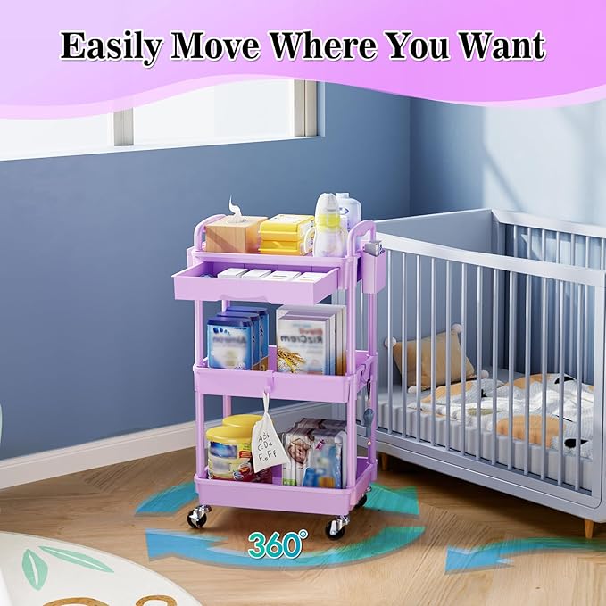 SUNALLY 3 Tier Rolling Cart Organizer with Drawer, Bathroom Storage Carts with Wheels & Plastic Shelf, Mobile Storage Organizers for Kitchen, Office, Laundry Room, Baby, Snack, Craft, Makeup, Purple