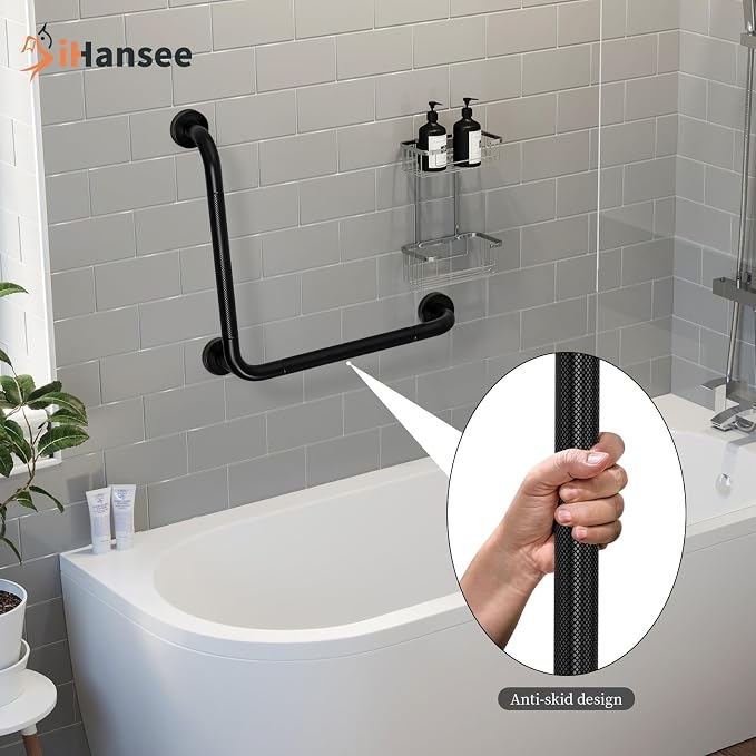 Black Angled Grab Bar 16x16 Inch, Stainless Steel Bathroom Grab Bar w/Anti-Slip Knurled Grip, Wall Mounted Bathtub Toilet Safety Handrail for Elderly Senior, L-Shaped Grab Bar for Shower