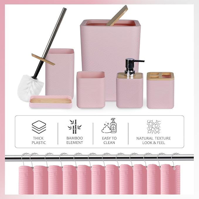 CERBIOR Bathroom Accessory Set with Shower Curtain, Includes Shower Curtain,Soap Dispenser, Toothbrush Holder, Toothbrush Cup, Soap Dish for Decorative Countertop and Housewarming Gift,Pink,20PC