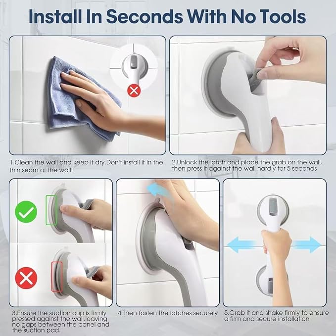 Auroras 12 Inch Grab Bars for Bathtubs and Showers with Suction Cup, Removable Shower Grab Bars for Seniors, No Drilling Heavy Duty Shower Handle for Bathroom Safety, Handicap Grab Bars, Grey (2 Pack)