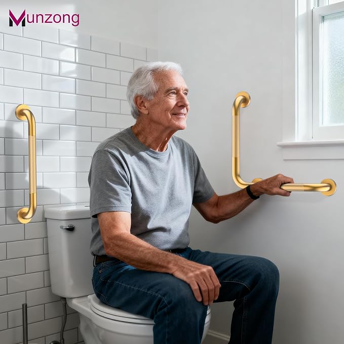 16" Angled Gold Bathroom Grab Bars for Shower with 20" Straight Munzong Toilet Handicap Grab Rail,Anti Slip Stainless Steel Knurled Safety Handle Support Elderly Injury Senior