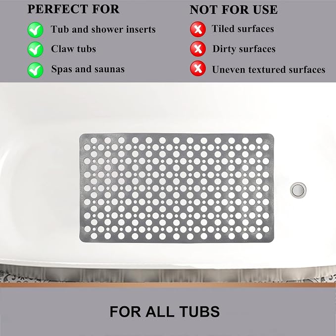 Bath Mat for Tub, 30 x 17 inch Non Slip Bathtub Mat Machine Washable Shower Mat with Suction Cups, Quick Drain Bathtub Mat for Bathroom