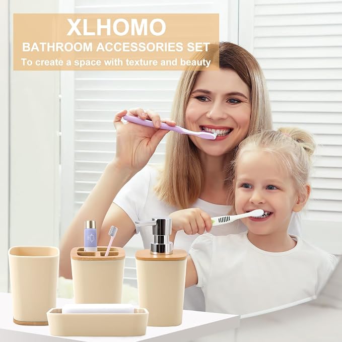 Beige Bathroom Accessories Set 9 Piece Bathroom Accessory Set with Trash Can,Toothbrush Holder,Toothbrush Cup,Lotion Soap Dispenser,Vanity Tray,Soap Dish,Toilet Brush,Qtip Holder